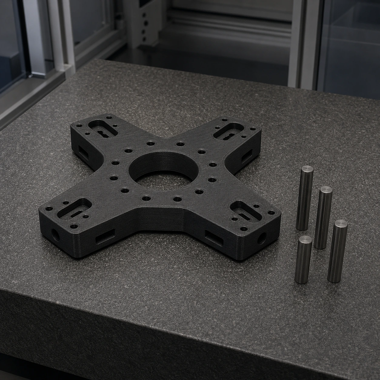 Black PAHT-CF: black PAHT-CF robotic adapter plate seated on a granite-style inspection surface beside plain gauge pins with