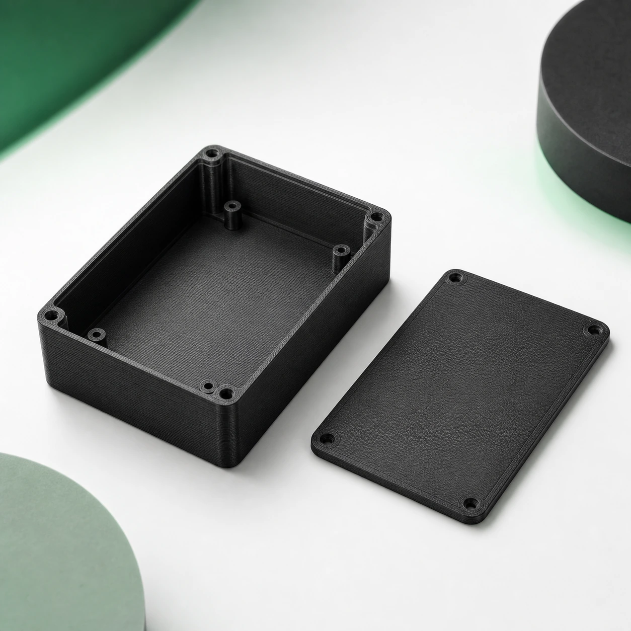 Black PAHT-CF: electronics enclosure with a fitted removable lid placed beside it, both fully visible