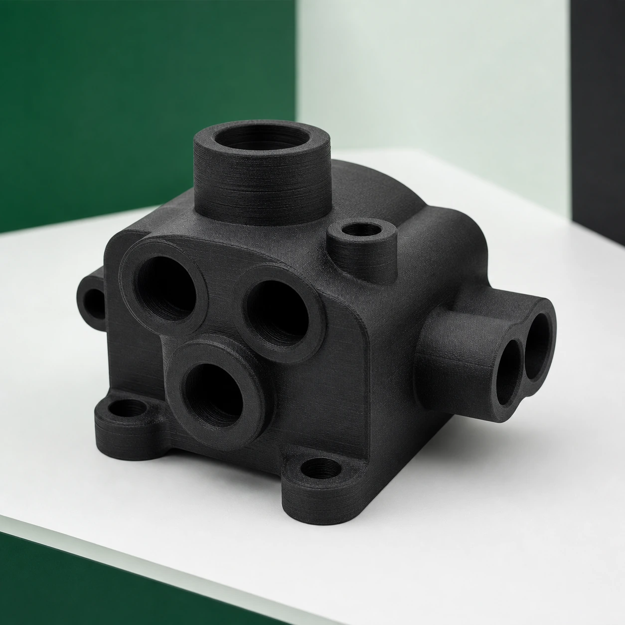 Black PAHT-CF: compact pneumatic manifold body with several clean unthreaded ports