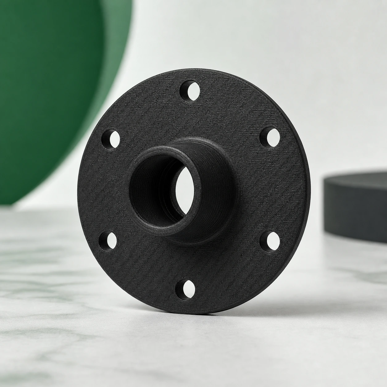 Black PAHT-CF: circular flange connector with six clean bolt holes and an integrated short neck