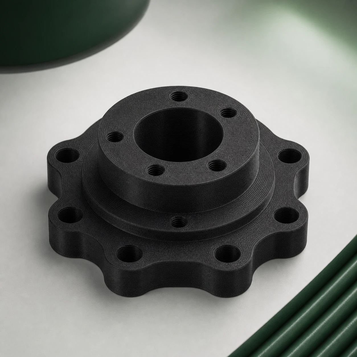 Black PAHT-CF: robotic-wrist adapter plate with a stepped hub and radial mounting pattern