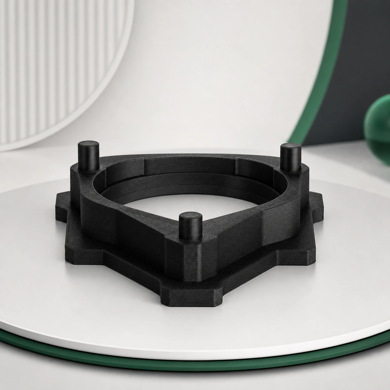 Black PAHT-CF: stepped alignment fixture with three integrated locating posts and an open center