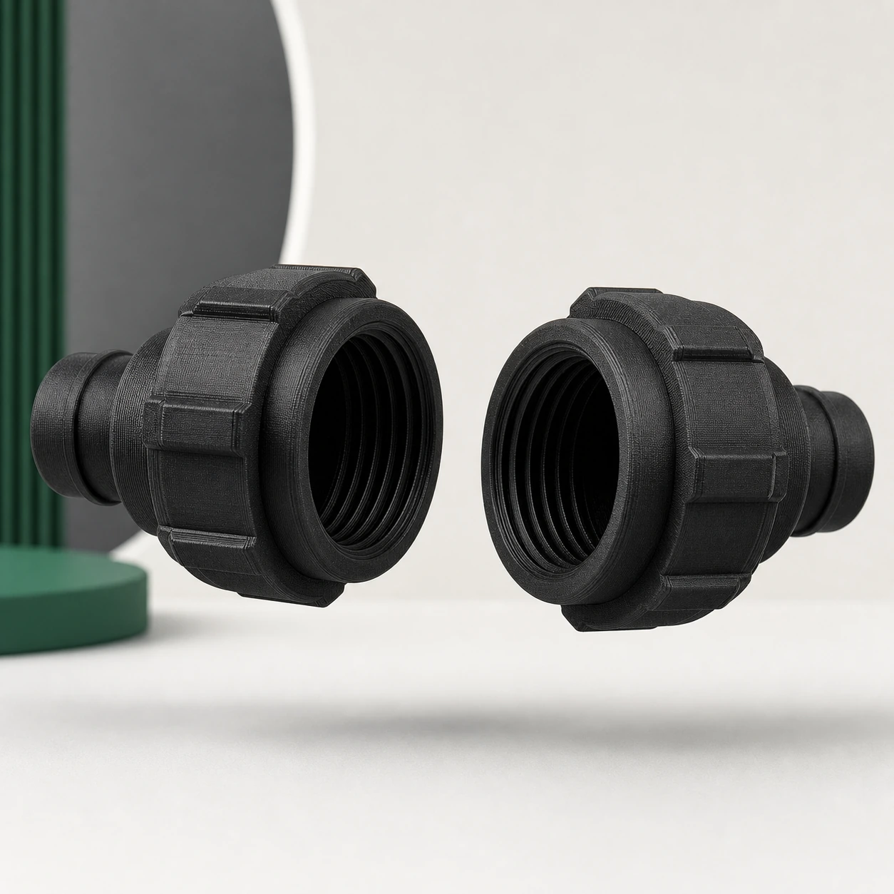 Black PAHT-CF: threaded hose-coupling pair shown separated, both mating ends fully visible