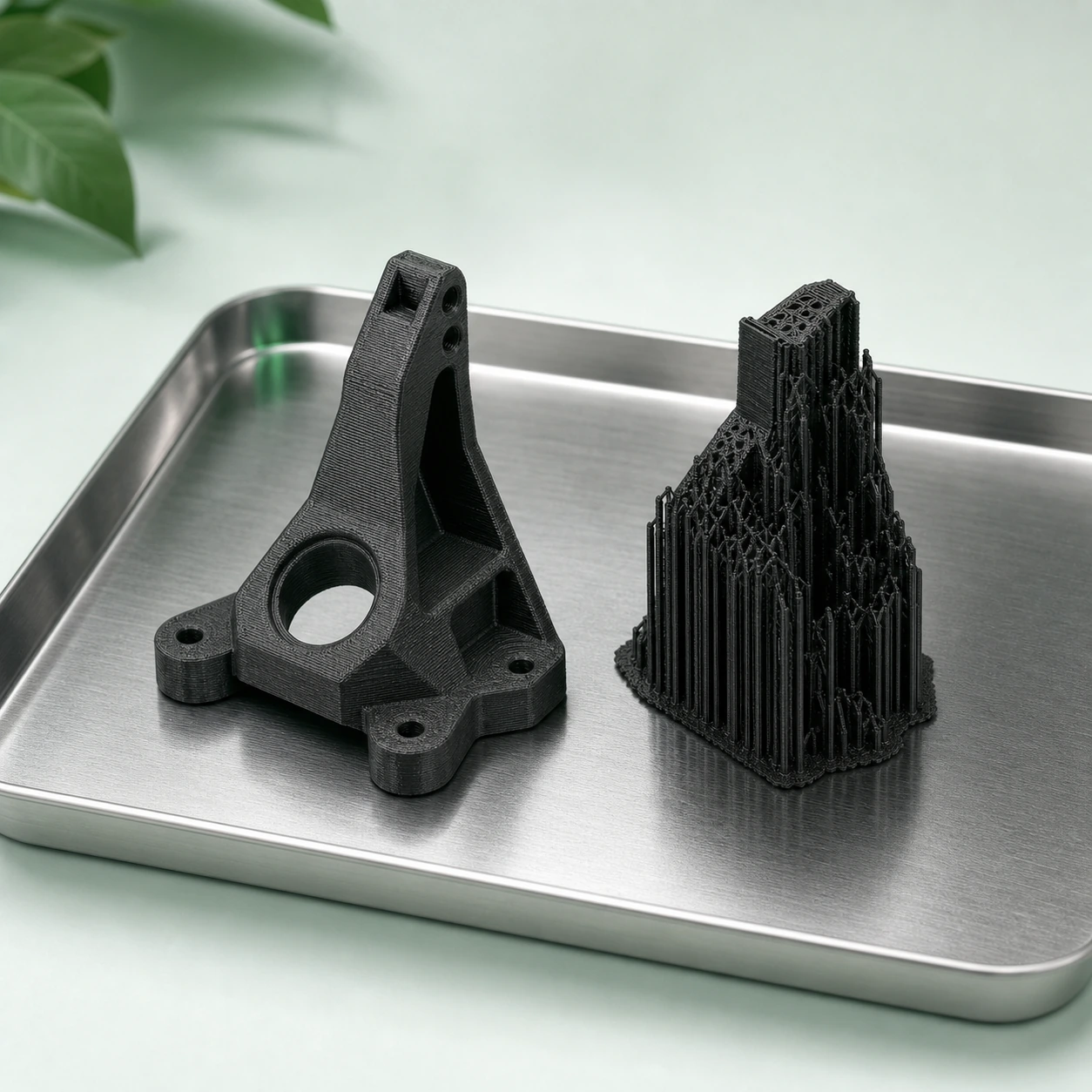 Black PAHT-CF: black PAHT-CF bracket after support removal beside its intact detached support tree on a metal inspection tray