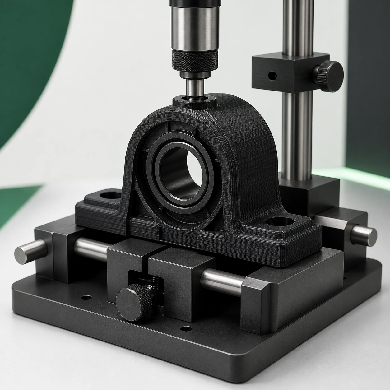 Black PAHT-CF: black PAHT-CF bearing housing secured in a compact unbranded bore-finishing fixture