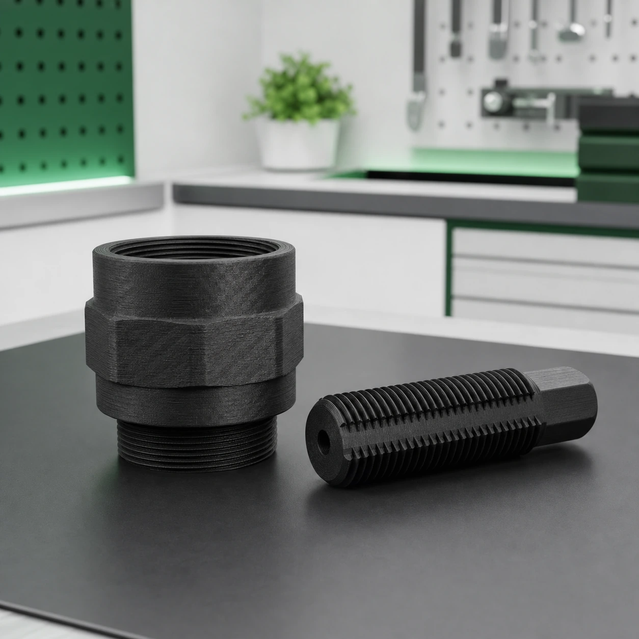 Black PAHT-CF: black PAHT-CF threaded coupling beside a plain thread-chaser tool in a clean engineering workcell