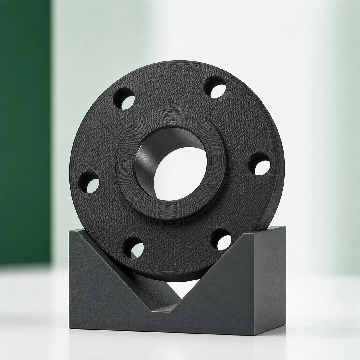 Black PAHT-CF: black PAHT-CF flange with one clean machined central bore resting on a neutral V-block