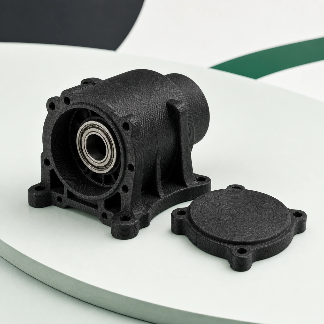 Black PAHT-CF: black PAHT-CF gear housing with a fitted plain metal bearing and the matching loose cover beside it