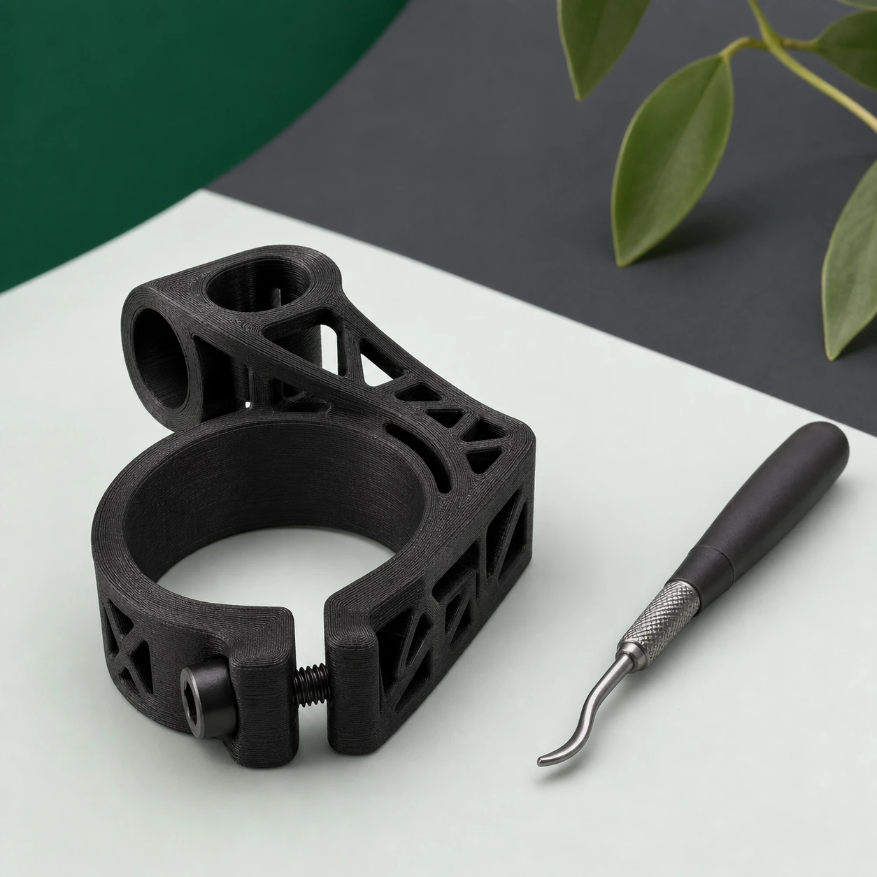 Black PAHT-CF: black PAHT-CF lattice clamp after edge cleanup beside a plain deburring hand tool