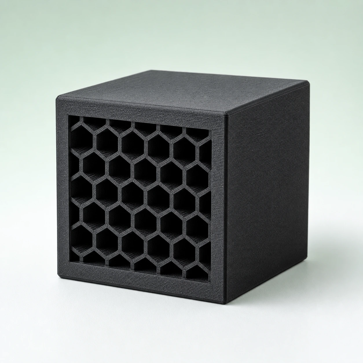 Black PAHT-CF: cutaway cube coupon exposing an orderly internal honeycomb infill while retaining every outer edge
