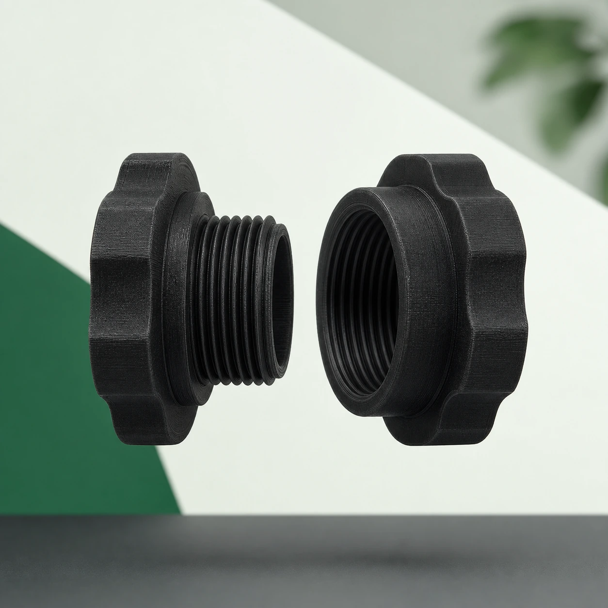 Black PAHT-CF: threaded plug-and-socket fit coupon shown separated with both threads fully visible