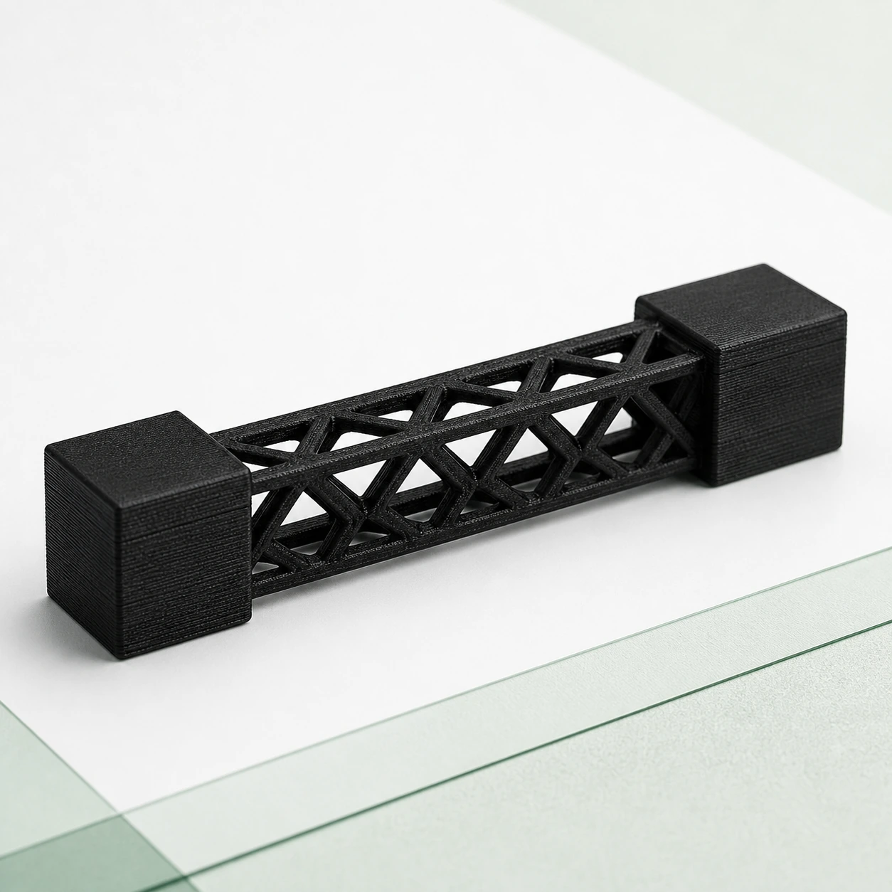 Black PAHT-CF: lightweight lattice beam coupon with two solid end blocks and an intact open web