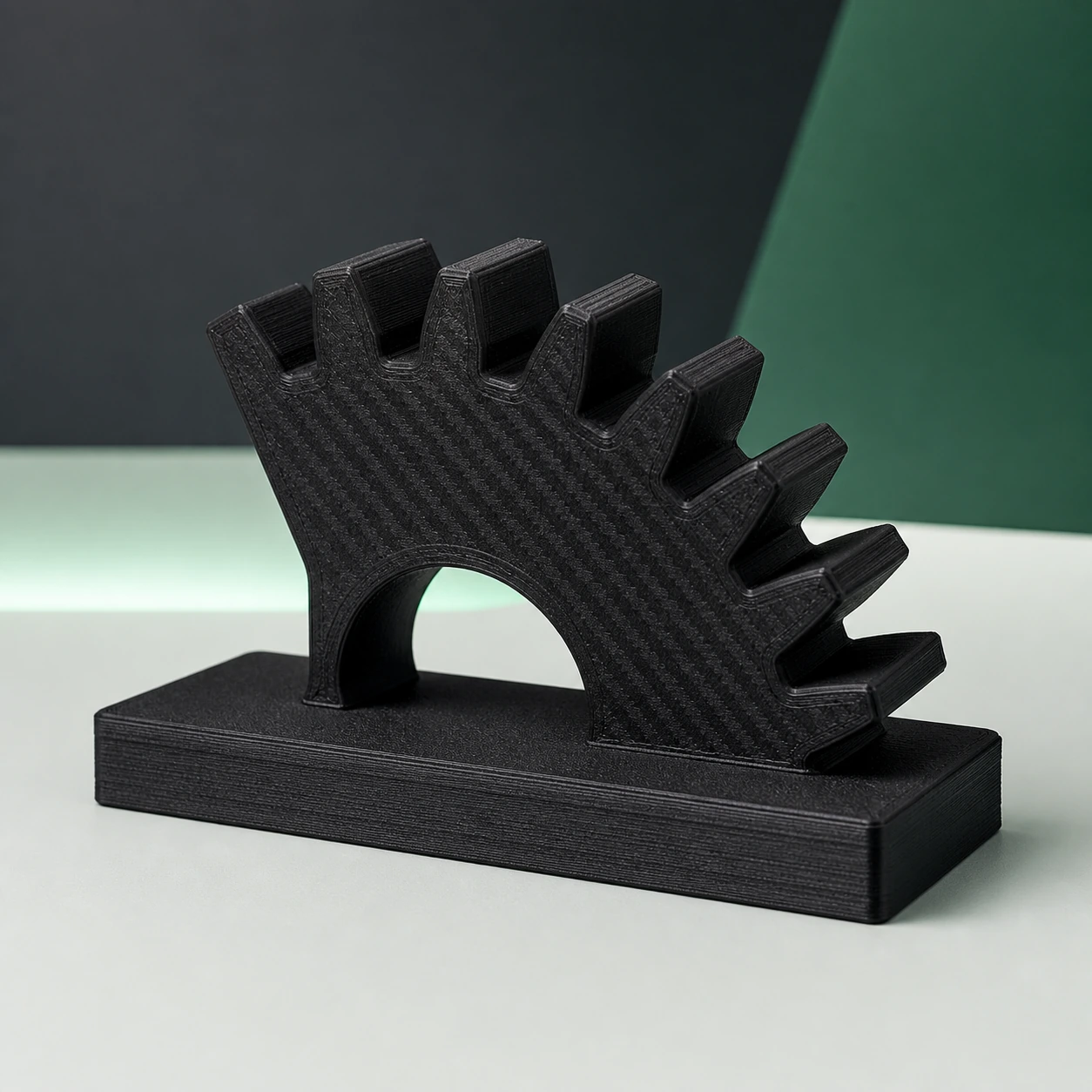 Black PAHT-CF: gear-tooth segment coupon on a wide rectangular base, all teeth intact
