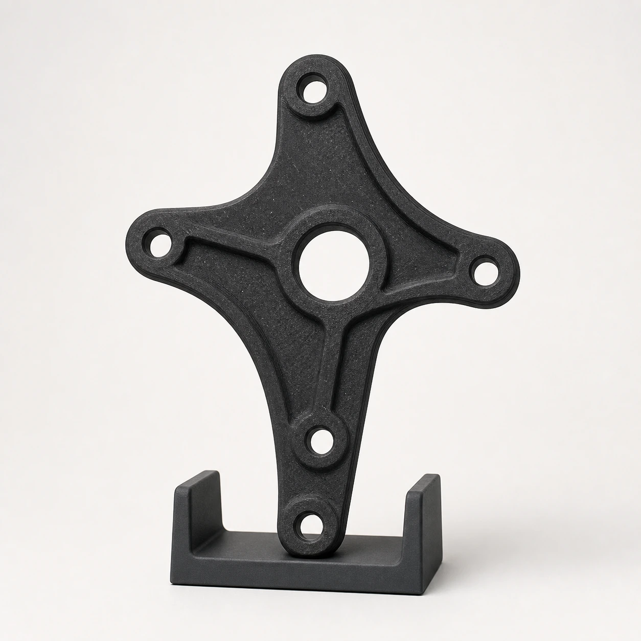 Black PAHT-CF: asymmetric three-lobed flange coupon with one offset central bore, two unequal reinforcing arms and five plain mounting holes, standing upright in a low cradle