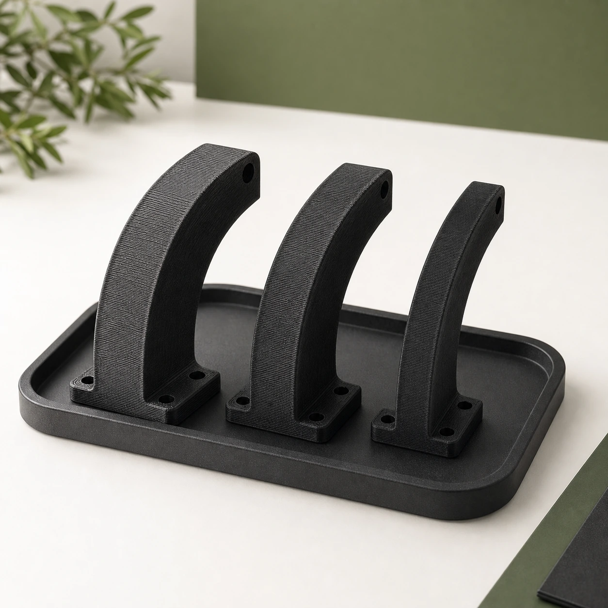 Black PAHT-CF: set of three arc-shaped bracket coupons of visibly different wall thickness on one tray