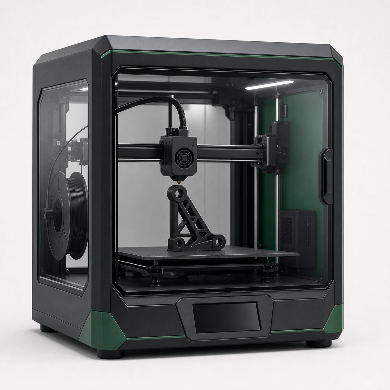 Black PAHT-CF: enclosed industrial FDM printer seen through its clear closed front door while printing a small black carbon-fiber bracket; the entire printer is inside frame and its display is dark