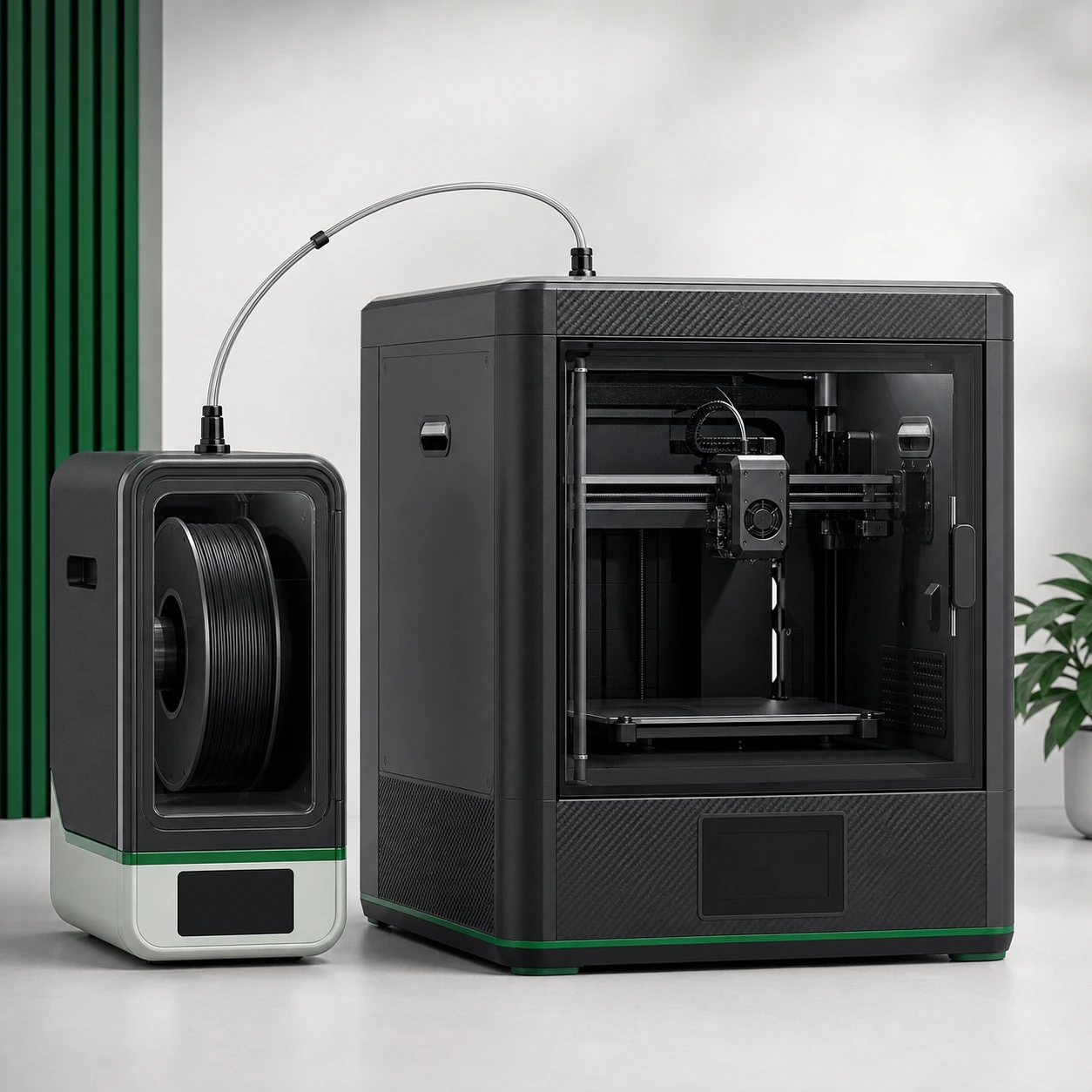Black PAHT-CF: unbranded filament drying unit feeding black filament through a sealed tube into enclosed FDM printer beside it; both machines fully visible with dark displays