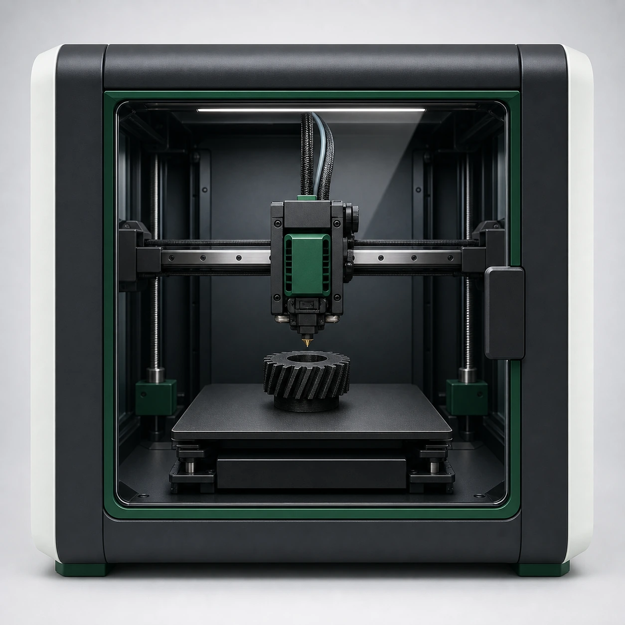 Black PAHT-CF: enclosed engineering FDM printer with a fully visible hardened-nozzle print head depositing black carbon-fiber layers onto a small spur gear, all equipment inside frame