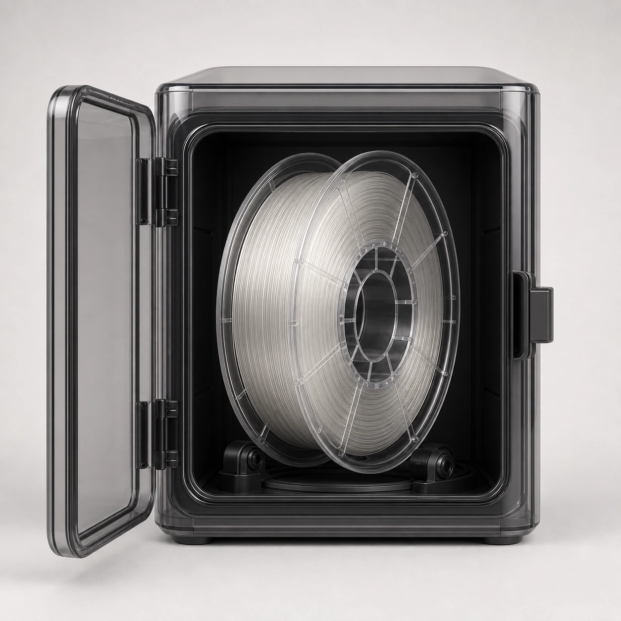 Transparent-direction PC visual reference for dry-storage preparation in a neutral 3D-printing workflow.