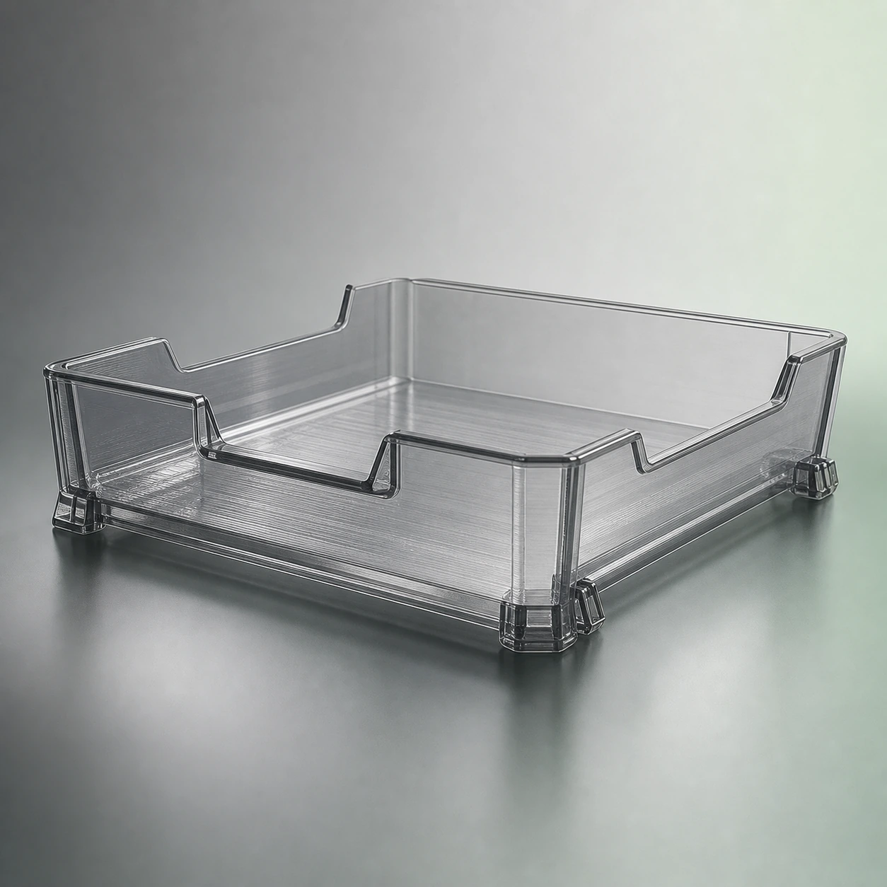 Transparent-direction PC visual reference for sample retention tray in a neutral 3D-printing workflow.
