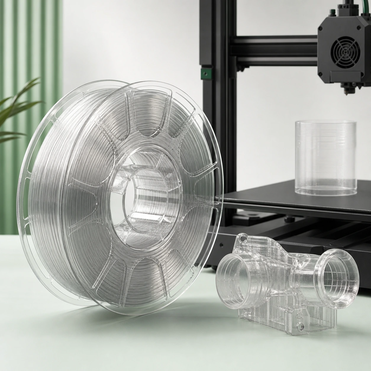 Transparent-direction PC visual reference for spool-to-printer staging in a neutral 3D-printing workflow.