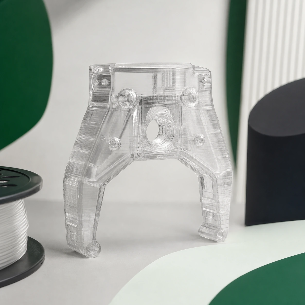 Transparent-direction PC visual reference for robotic gripper cover in a neutral 3D-printing workflow.