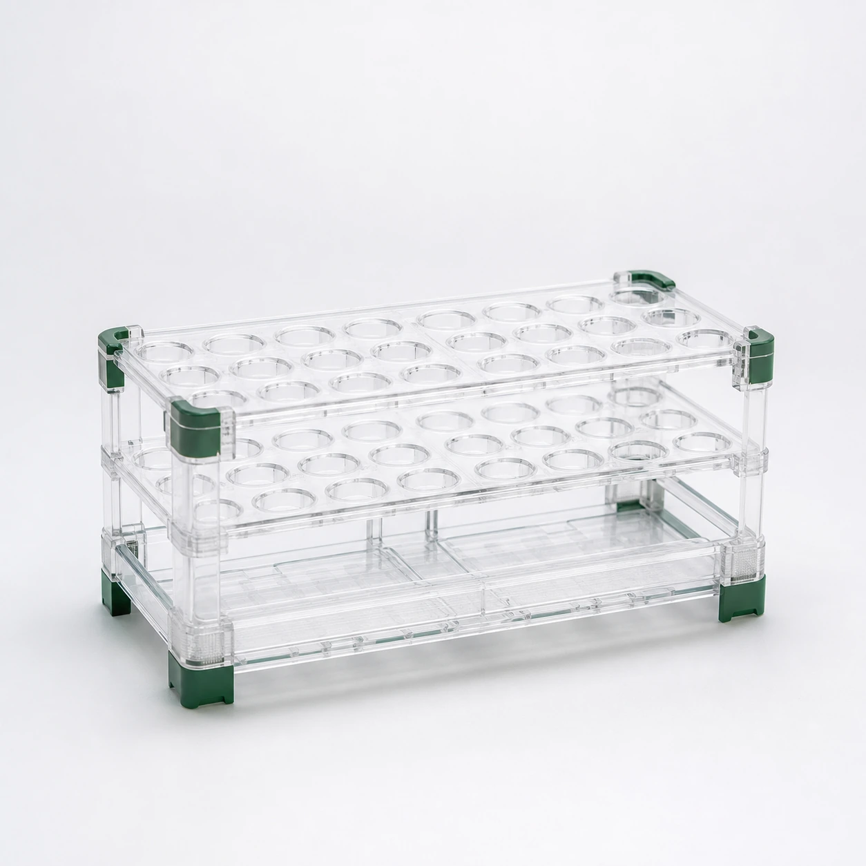 Transparent-direction PC visual reference for laboratory vial rack in a neutral 3D-printing workflow.