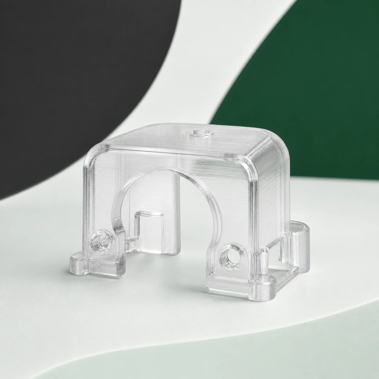 Transparent-direction PC visual reference for motor terminal shield in a neutral 3D-printing workflow.