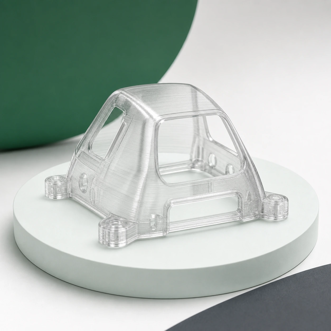 Transparent-direction PC visual reference for drone electronics canopy in a neutral 3D-printing workflow.