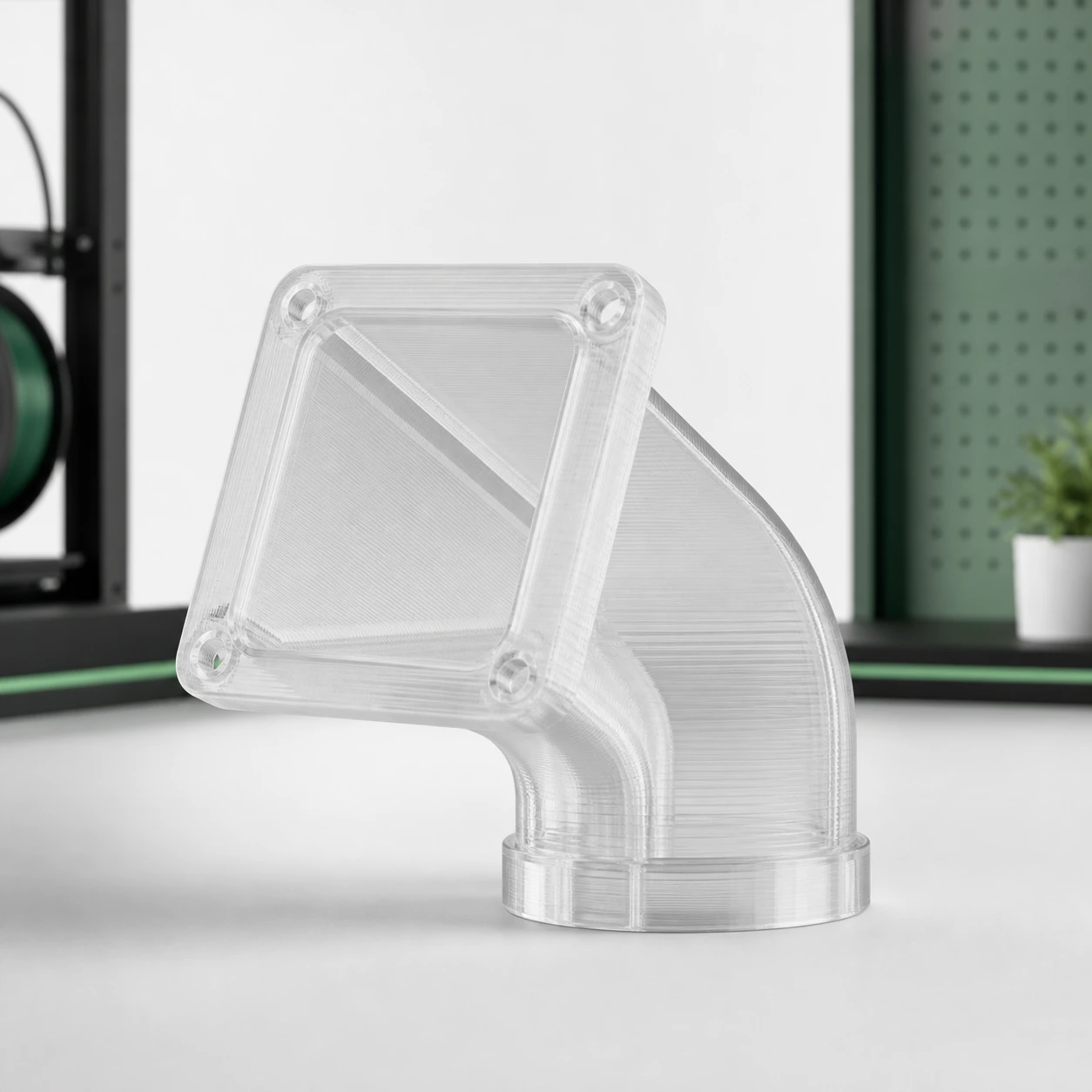 Transparent-direction PC visual reference for satin duct in a neutral 3D-printing workflow.