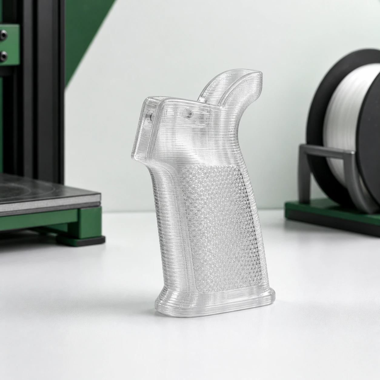 Transparent-direction PC visual reference for textured grip in a neutral 3D-printing workflow.