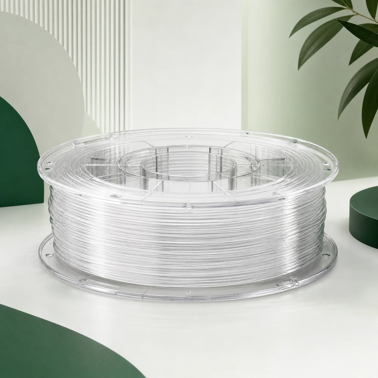 Transparent-direction PC visual reference for filament coil in a neutral 3D-printing workflow.