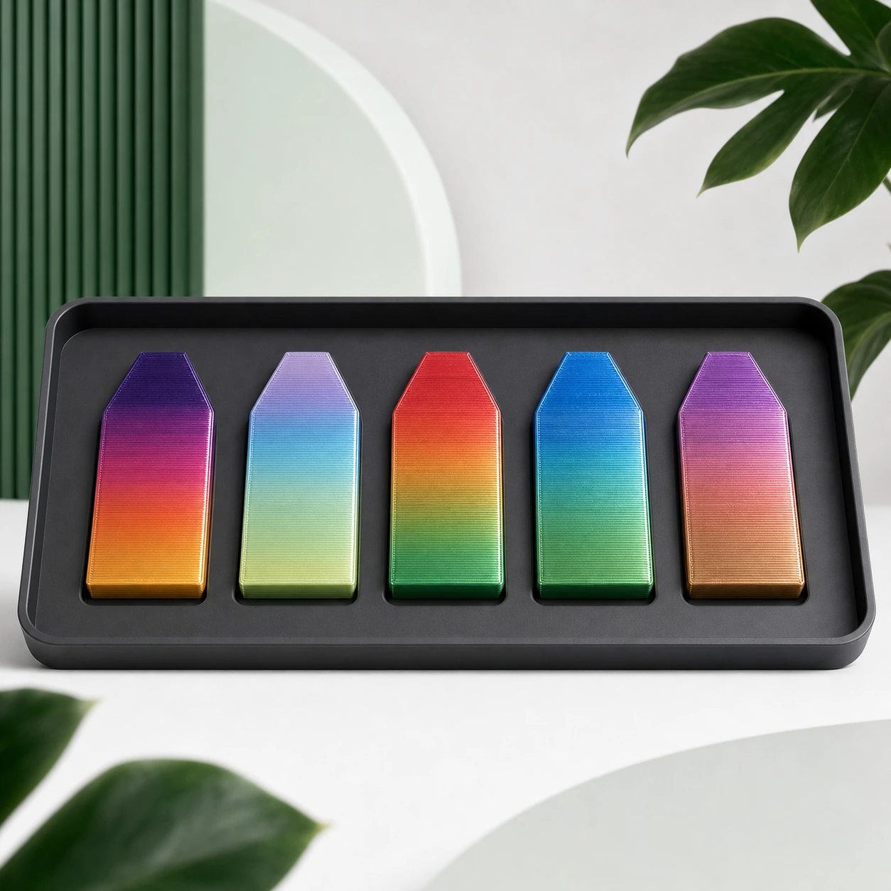 Gradient Silk Rainbow PLA Basic Gradient: tray holding five unlettered 3D-printed gradient sample chips
