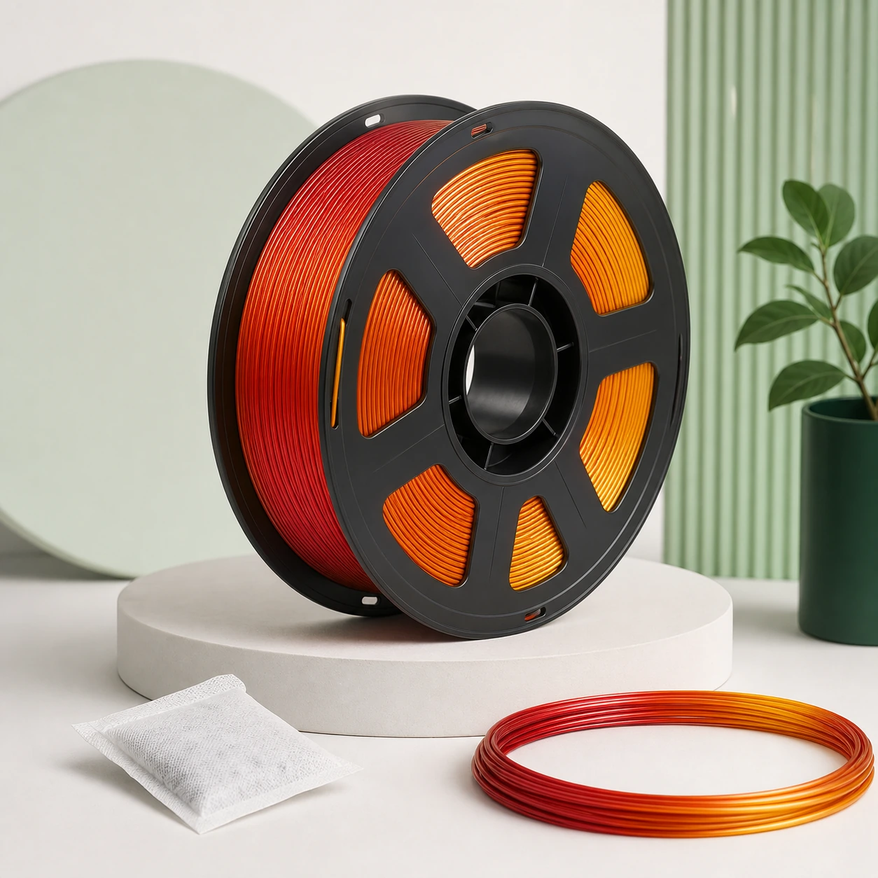 Gradient Silk Fire PLA Basic Gradient: gradient PLA spool, unmarked desiccant sachet and filament loop arranged for a moisture-control review