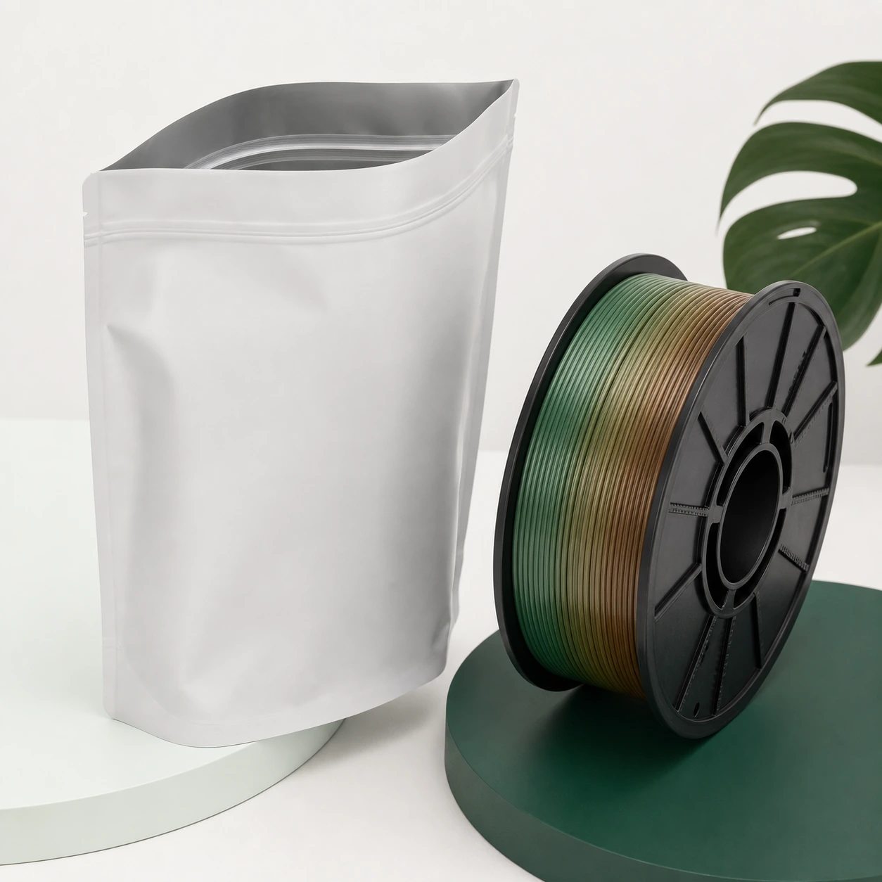 Gradient Silk Earth PLA Basic Gradient: a plain unbranded moisture-barrier bag shown open beside gradient PLA spool