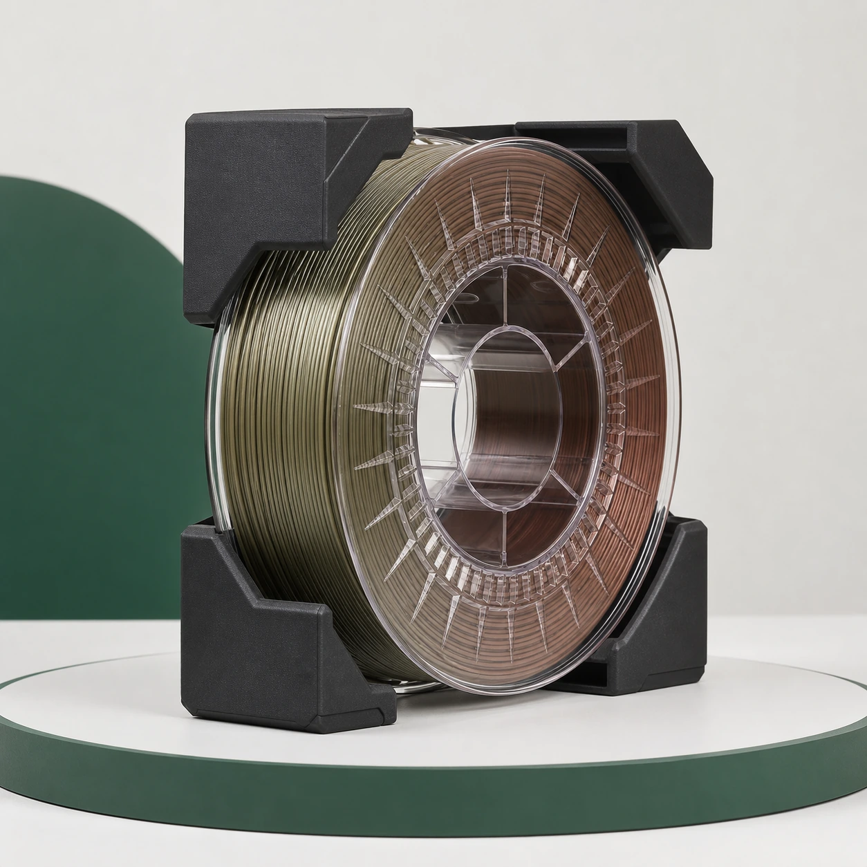Gradient Silk Earth PLA Basic Gradient: gradient PLA spool held by reusable corner protectors in a neutral transit-protection review setup