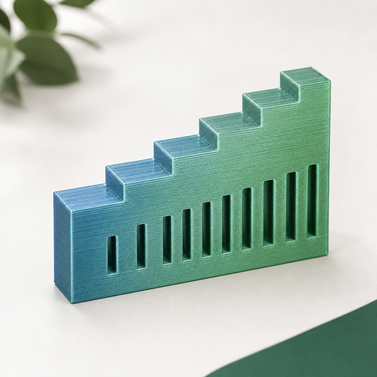Gradient Silk Water PLA Basic Gradient: 3D-printed dimensional stair and slot gauge used as a neutral qualification specimen