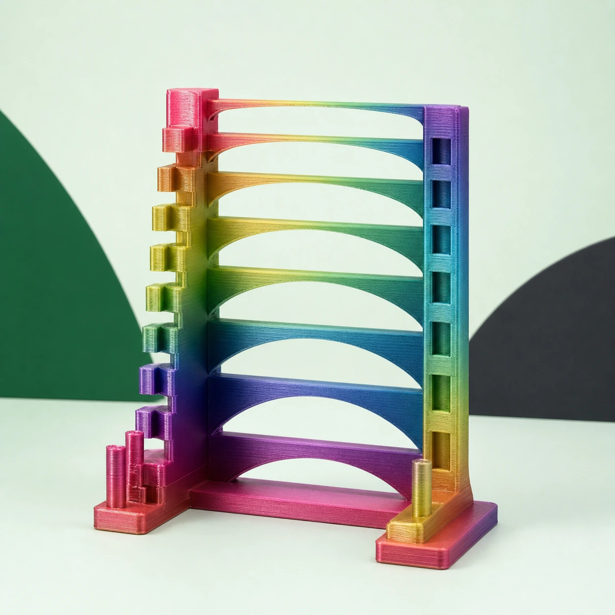 Gradient Silk Rainbow PLA Basic Gradient: 3D-printed bridge test frame with multiple unsupported spans intact
