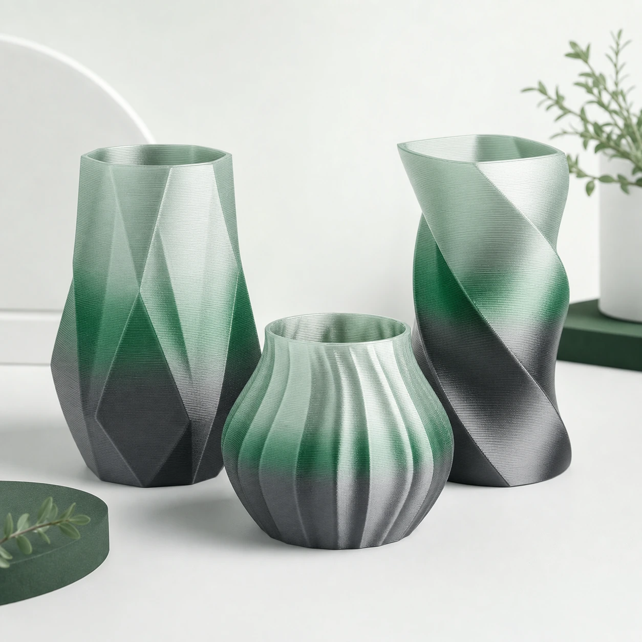 Gradient Silk Water PLA Basic Gradient: three complete thin-wall 3D-printed vessels of different geometry grouped as a qualification set
