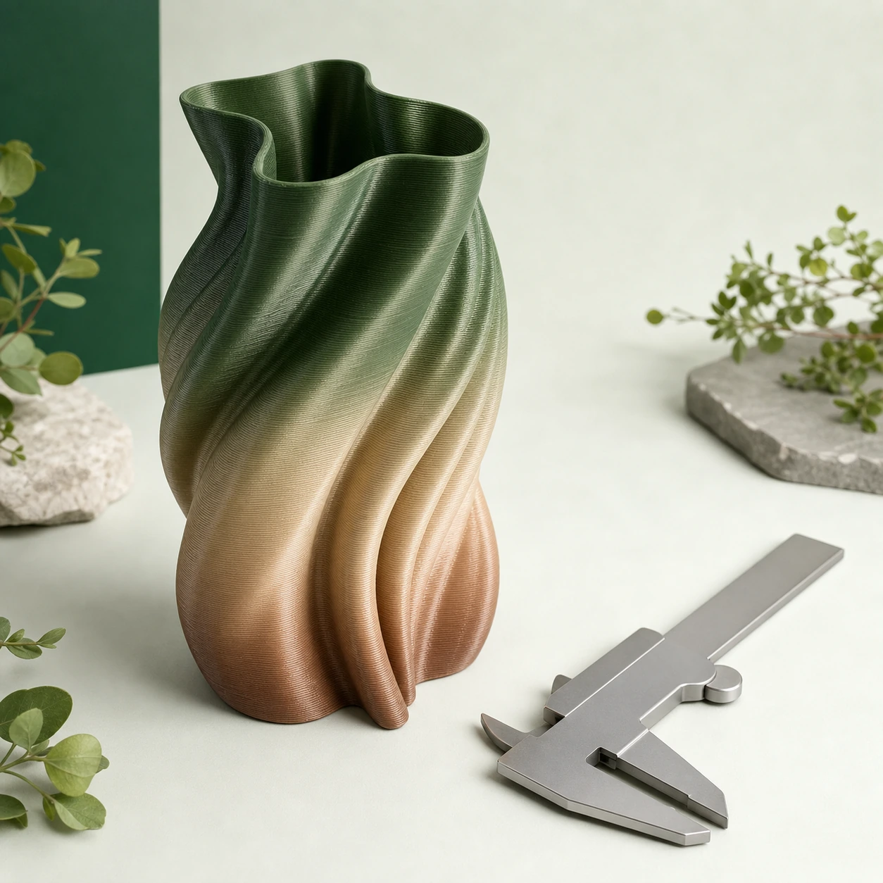 Gradient Silk Earth PLA Basic Gradient: large 3D-printed flowing sculpture beside a small neutral inspection caliper with