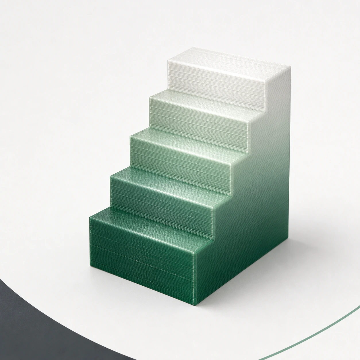 Gradient Silk Air PLA Basic Gradient: stepped 3D-printed staircase specimen showing layer direction and progressive color