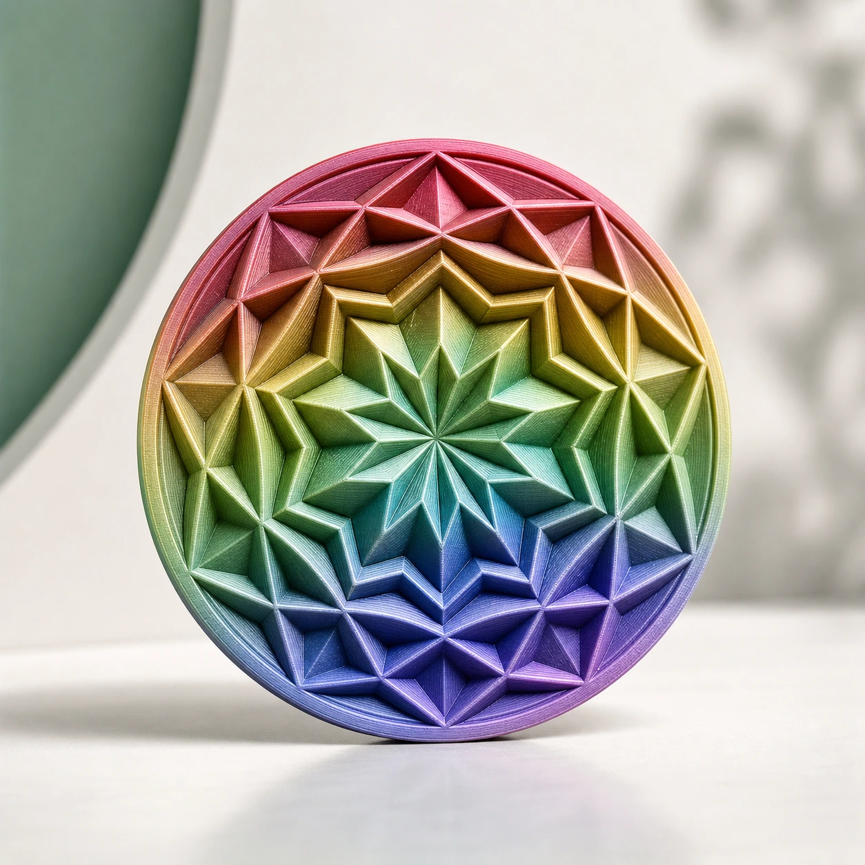 Gradient Silk Rainbow PLA Basic Gradient: unlettered 3D-printed geometric relief medallion with crisp small details
