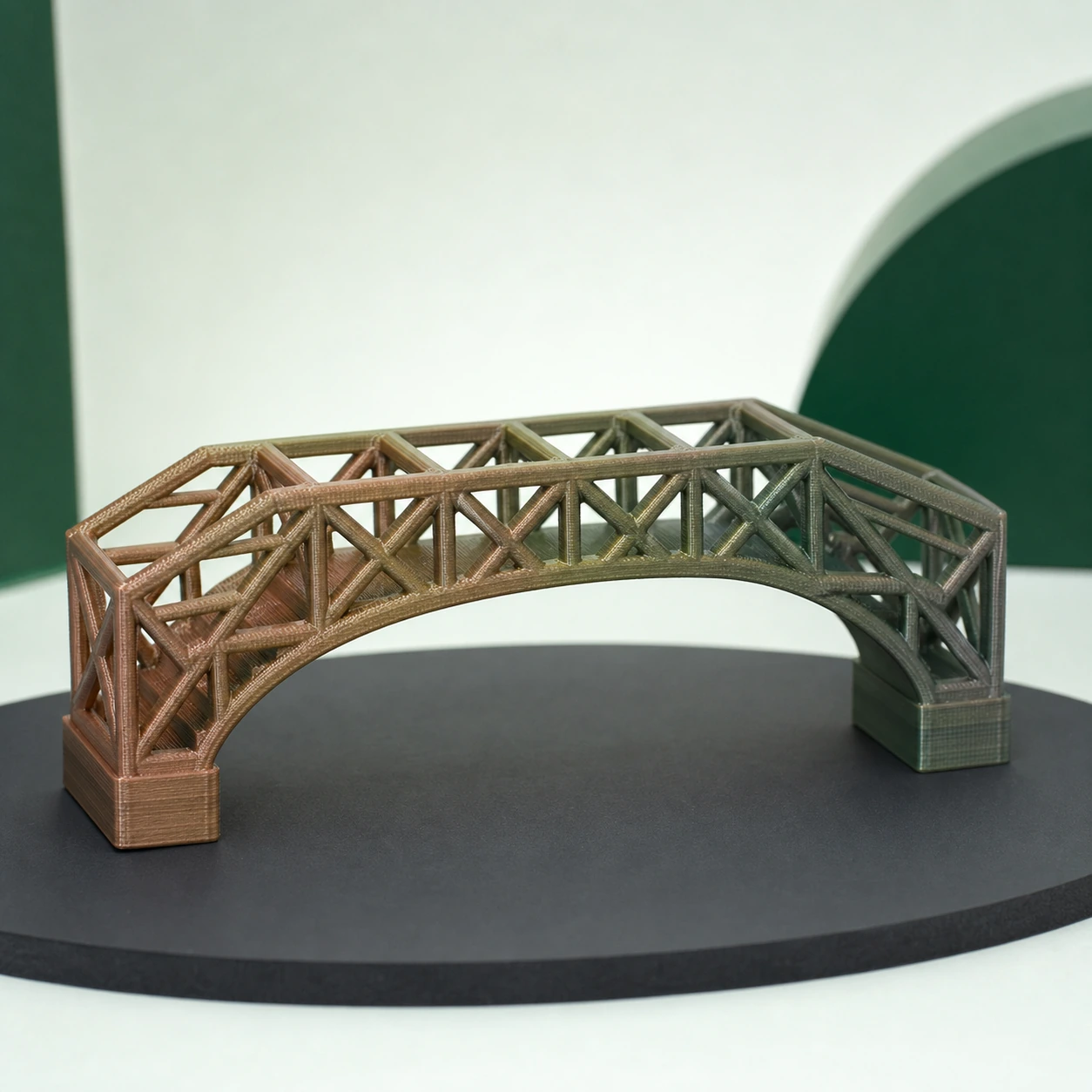 Gradient Silk Earth PLA Basic Gradient: 3D-printed bridge-and-lattice frame with all spans intact