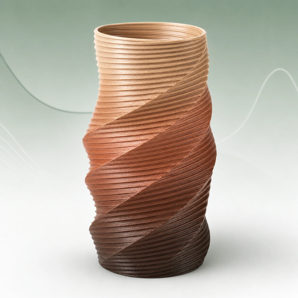 Gradient Silk Earth PLA Basic Gradient: twisted ribbed 3D-printed vessel whose ribs reveal the transition across height