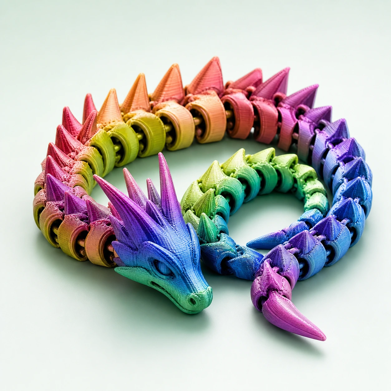 Gradient Silk Rainbow PLA Basic Gradient: coiled articulated 3D-printed dragon, every link present and clearly connected