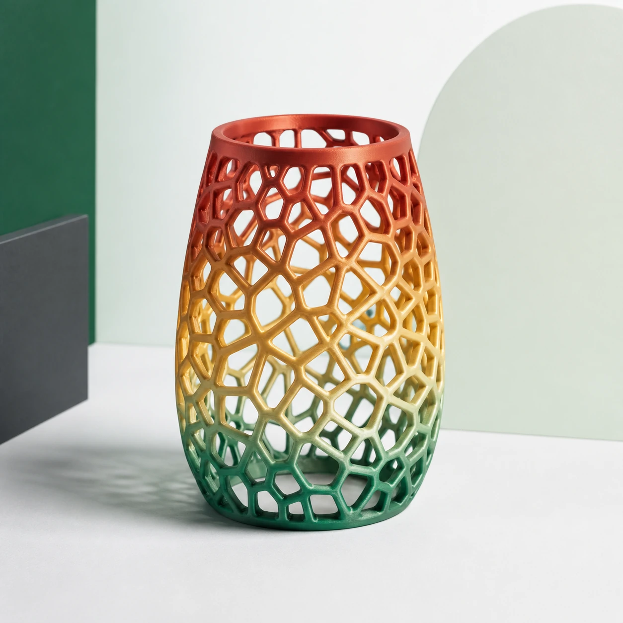 Gradient Silk Fire PLA Basic Gradient: hollow Voronoi 3D-printed lantern with intact open cells