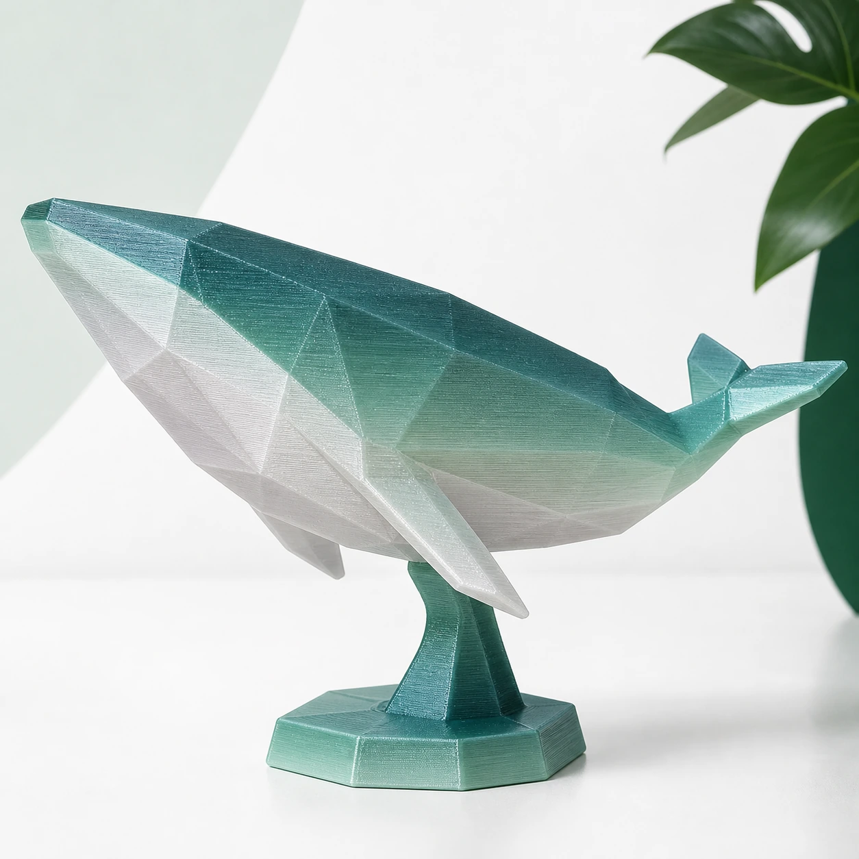 Gradient Silk Water PLA Basic Gradient: low-poly 3D-printed whale sculpture on a small integrated stand