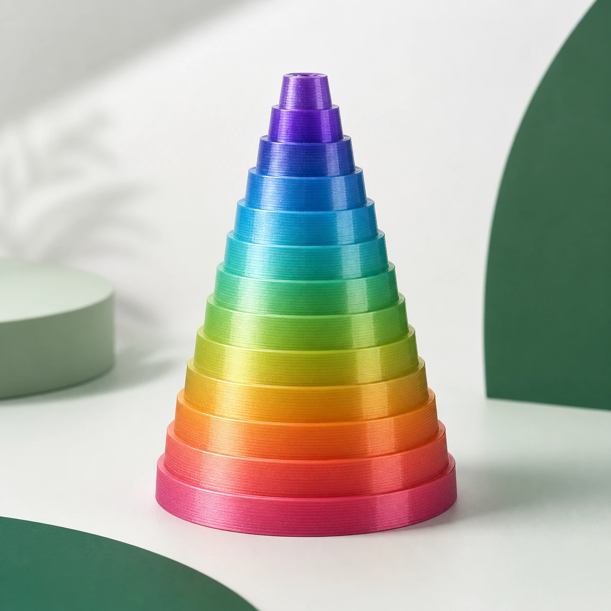 Gradient Silk Rainbow PLA Basic Gradient: stepped conical 3D-print specimen that makes the continuous transition easy to inspect