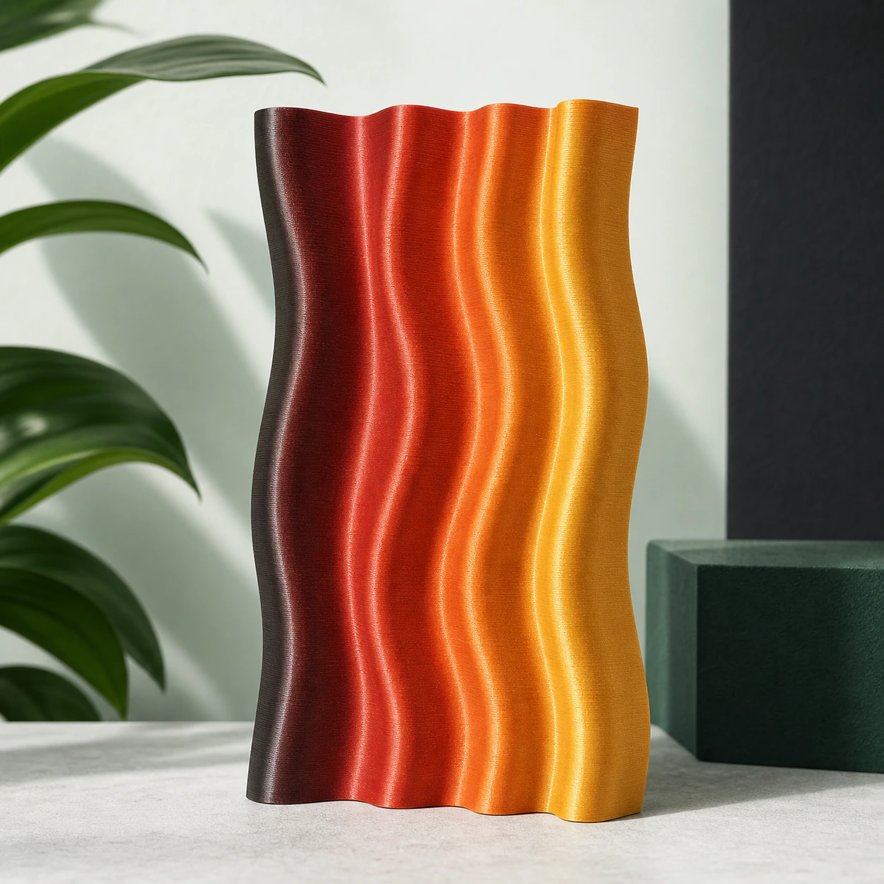Gradient Silk Fire PLA Basic Gradient: freestanding 3D-printed wave panel whose long geometry reveals the gradient progression