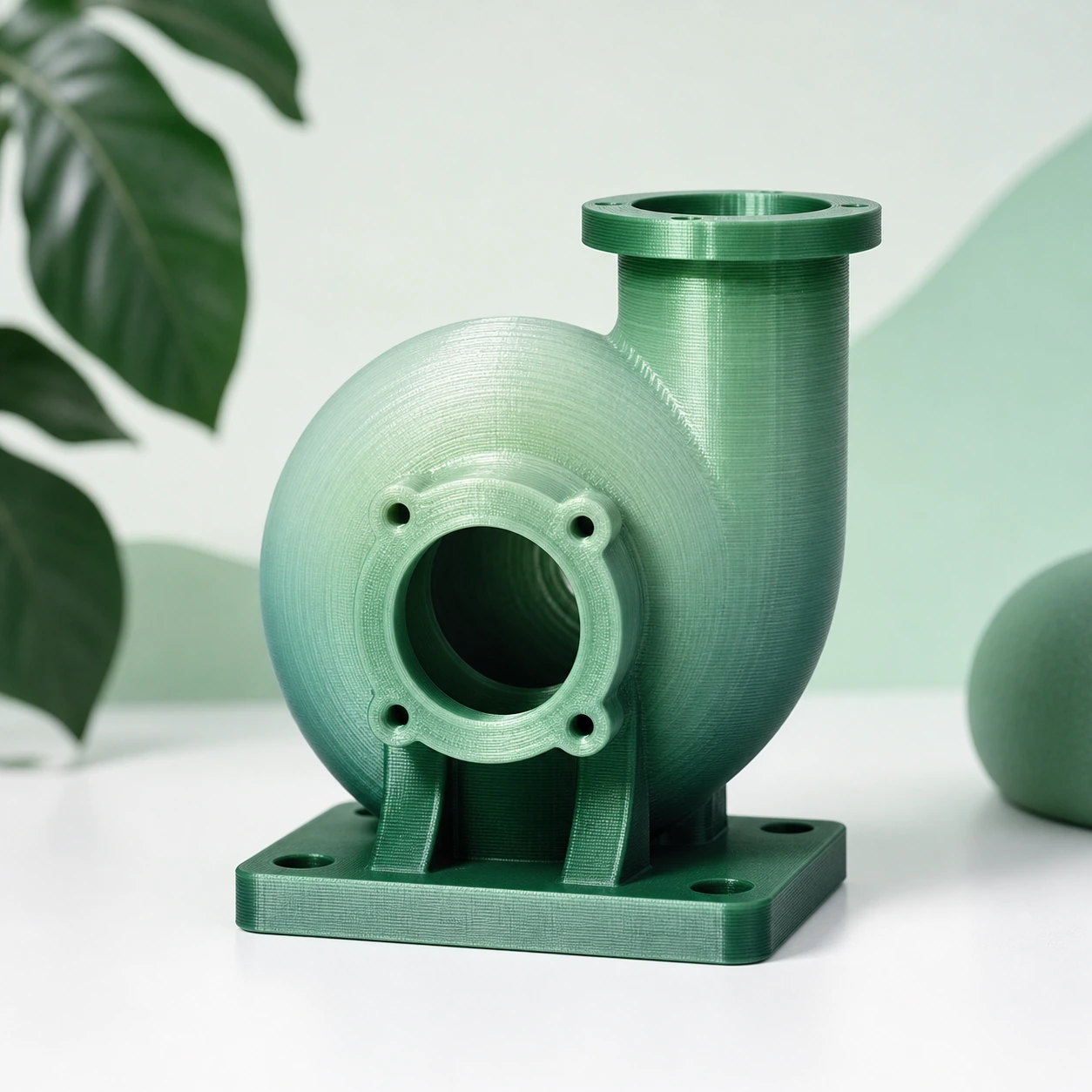Gradient Silk Water PLA Basic Gradient: 3D-printed turbine housing made with standard FDM layers, intact inlet and mounting base